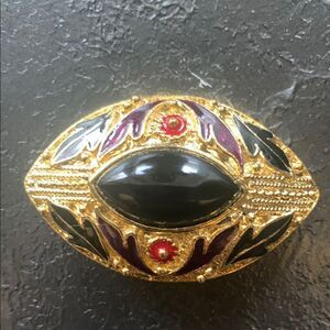 Stunning Vintage 'Mona So' Black Cabochon and Enamel Gold Brooch, Unmarked